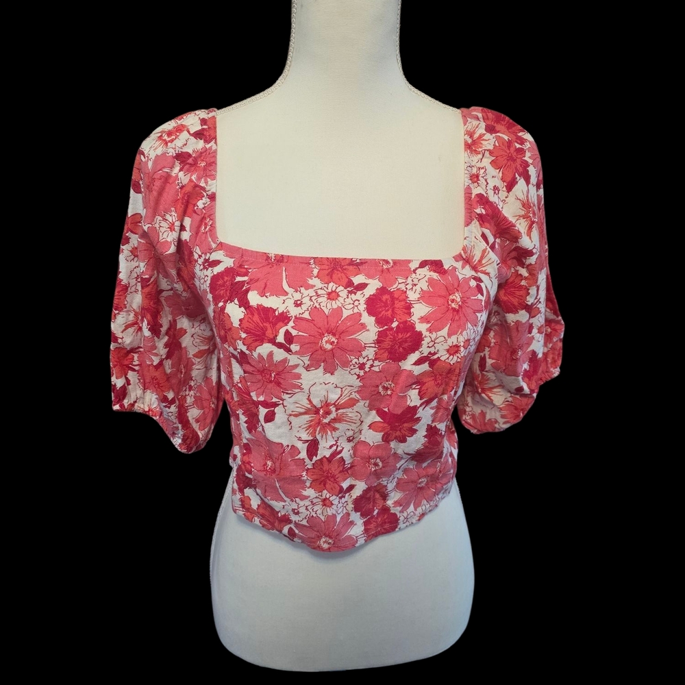 Red and White Puff Sleeve Smocked Crop Blouse